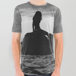 Down at sunset beach; female seaside staring longingly out to sea black and white photograph - photography - photographs All Over Graphic Tee
