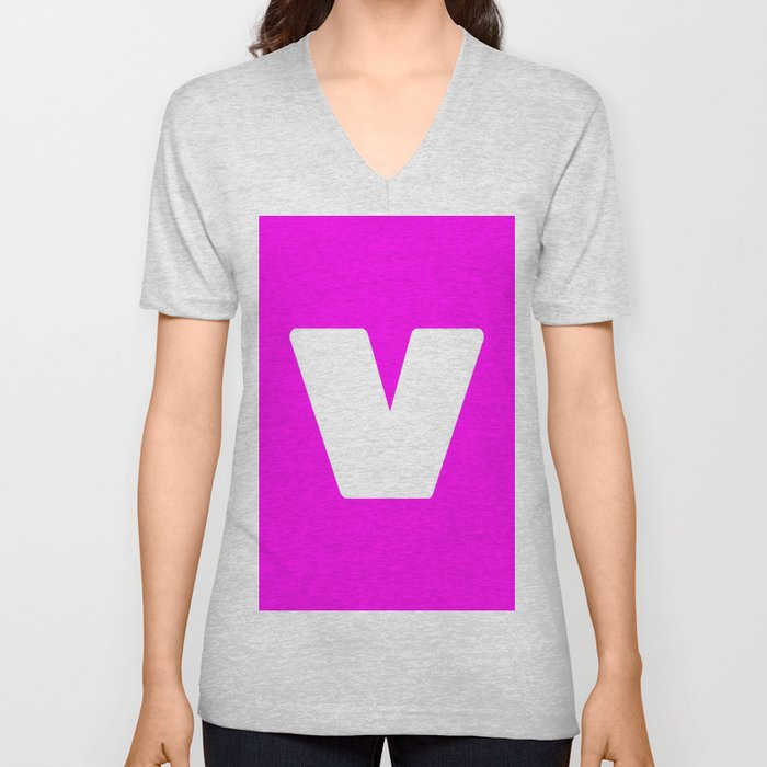 v (White & Magenta Letter) V Neck T Shirt