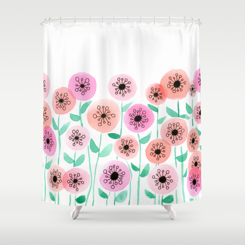 Pink And Peach Floral Watercolor Painting Shower Curtain By