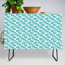 Two Kisses Collided Turquoise Lips Pattern On White Background Credenza