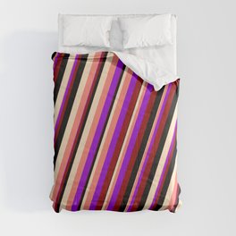 [ Thumbnail: Vibrant Dark Violet, Dark Red, Black, Bisque, and Salmon Colored Stripes Pattern Comforter ]