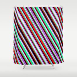 [ Thumbnail: Lavender, Green, Red, Black & Orchid Colored Lines/Stripes Pattern Shower Curtain ]