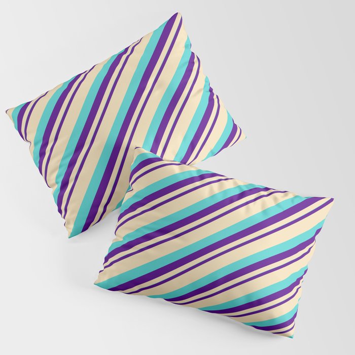 Indigo, Tan, and Turquoise Colored Striped/Lined Pattern Pillow Sham