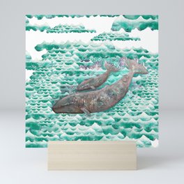 Mama + Baby Gray Whale in Ocean Clouds Mini Art Print