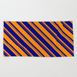 [ Thumbnail: Dark Orange & Blue Colored Lined/Striped Pattern Beach Towel ]