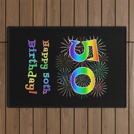 [ Thumbnail: 50th Birthday - Fun Rainbow Spectrum Gradient Pattern Text, Bursting Fireworks Inspired Background Outdoor Rug ]