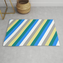 [ Thumbnail: Eye-catching Tan, Teal, Blue, White & Dark Gray Colored Striped/Lined Pattern Rug ]