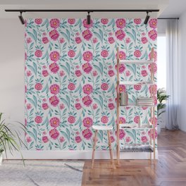 Bright Pink Teal Watercolor Summer Floral Pattern Wall Mural