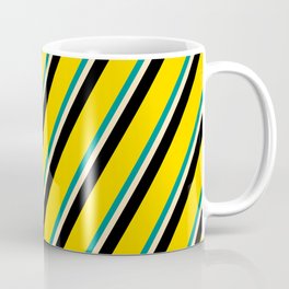 [ Thumbnail: Dark Cyan, Beige, Black & Yellow Colored Stripes/Lines Pattern Coffee Mug ]