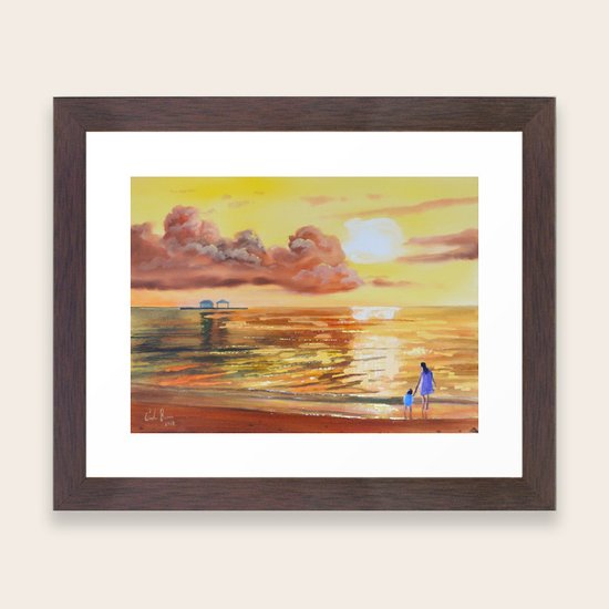 Mother And Daughter Sunset Seascape Framed Art Print By