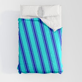 [ Thumbnail: Cyan & Blue Colored Lined/Striped Pattern Comforter ]