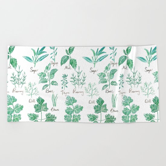 green herbs family watercolor Beach Towel