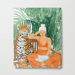 Jungle Vacay | Modern Bohemian Blonde Woman Tropical Travel | Leopard Wildlife Forest Reader Metal Print