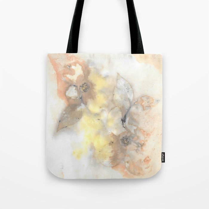 Dogwoods In the Sun botanical print with accents of pink, yellow and peach Tote Bag