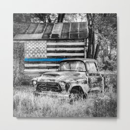 Classic Americana And The Thin Blue Line Flag Metal Print | Farmhouse, Americanflag, Policesupport, Classictruck, Selectivecolor, Collectors, 3100, Thinblueline, Rustic, Photo 