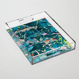 A Cause for Celebration: a colorful abstract design in blue, tan, and neon green by Alyssa Hamilton Art Acrylic Tray