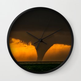 Silhouette - Large Tornado at Sunset in Kansas Wall Clock