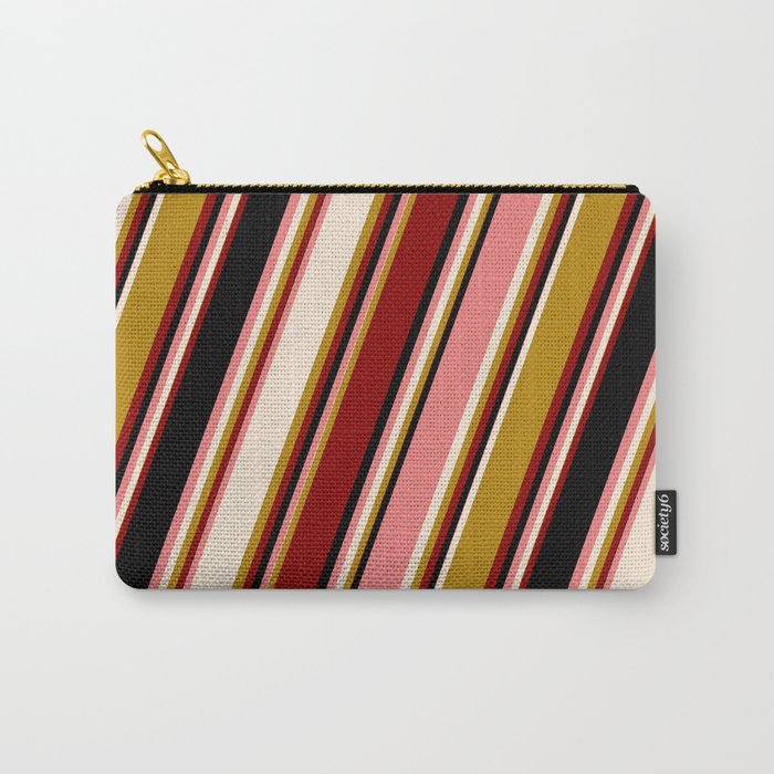 Vibrant Light Coral, Beige, Dark Goldenrod, Dark Red & Black Colored Lines/Stripes Pattern Carry-All Pouch