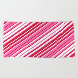 [ Thumbnail: Hot Pink, Crimson, and Mint Cream Colored Stripes/Lines Pattern Beach Towel ]