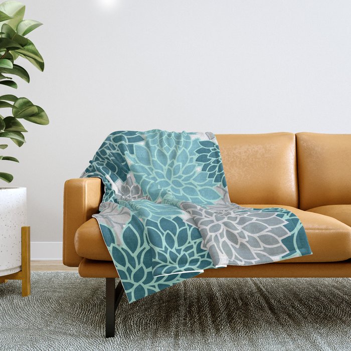 Dahlia Floral Blooms in Teal and Gray Throw Blanket