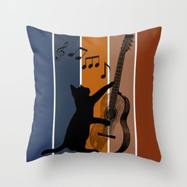 Cat playing music. Blue, orange and brown background. Throw Pillow