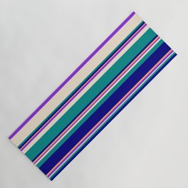 [ Thumbnail: Eyecatching Light Salmon, Purple, Beige, Dark Cyan & Blue Colored Lined/Striped Pattern Yoga Mat ]