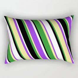 [ Thumbnail: Purple, Tan, Forest Green, Black, and White Colored Lined/Striped Pattern Rectangular Pillow ]