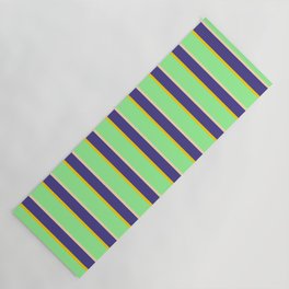 [ Thumbnail: Green, Yellow, Dark Slate Blue & Beige Colored Stripes/Lines Pattern Yoga Mat ]