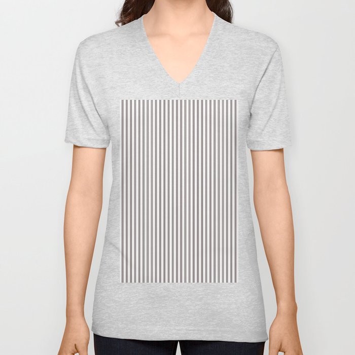 Bark Brown and White Micro Vertical Vintage English Country Cottage Ticking Stripe V Neck T Shirt