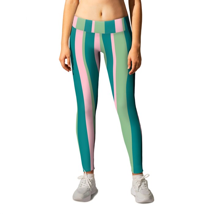 Dark Sea Green, Pink & Teal Colored Lined/Striped Pattern Leggings