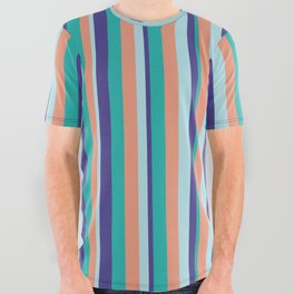 [ Thumbnail: Light Sea Green, Dark Slate Blue, Powder Blue, and Dark Salmon Colored Striped Pattern All Over Graphic Tee ]