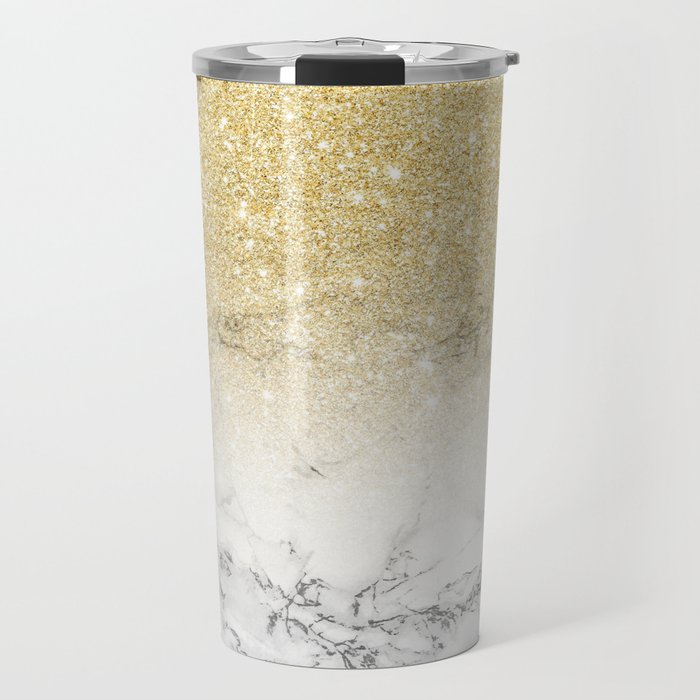 Modern faux gold glitter white marble color block Travel Mug