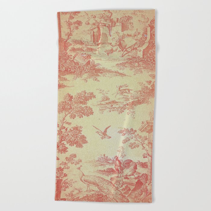 Red Toile Flutist with Peacock Rooster Bull Bird Ram Beach Towel