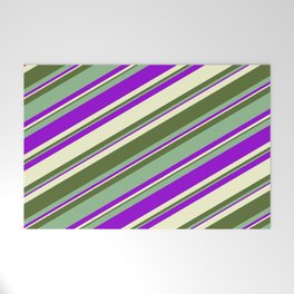 [ Thumbnail: Dark Sea Green, Dark Violet, Light Yellow & Dark Olive Green Colored Stripes Pattern Welcome Mat ]