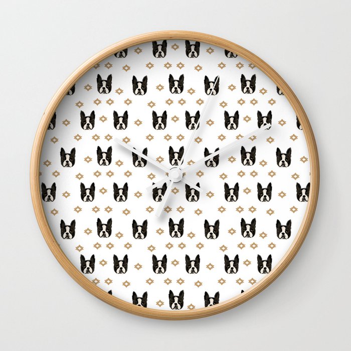 Boston Terrier head cute pet pattern dog breed gifts boston terrier lovers black and white Wall Clock
