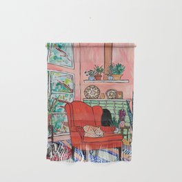 Red Armchair in Pink Interior with Houseplants, Ginger Cat, and Spaniel Interior Painting Wall Hanging