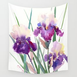 Irises, purple floral art, garden iris Wall Tapestry