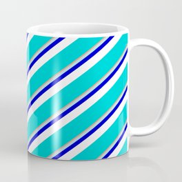 [ Thumbnail: Vibrant Dark Salmon, Powder Blue, Blue, White & Dark Turquoise Colored Lined Pattern Coffee Mug ]
