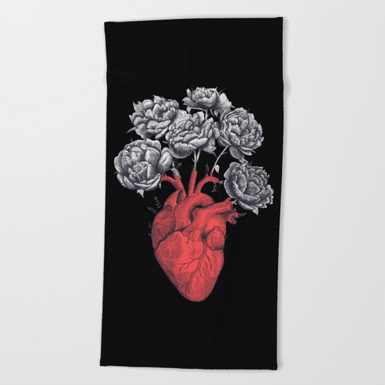 Heart with peonies on black Beach Towel