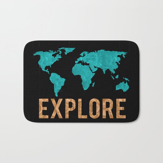 World Map - Teal and Copper Explore Globe Bath Mat