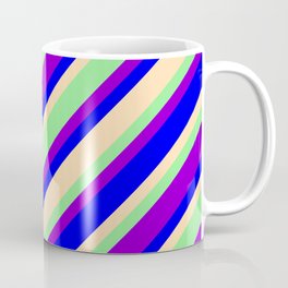 [ Thumbnail: Light Green, Dark Violet, Blue & Tan Colored Lines Pattern Coffee Mug ]