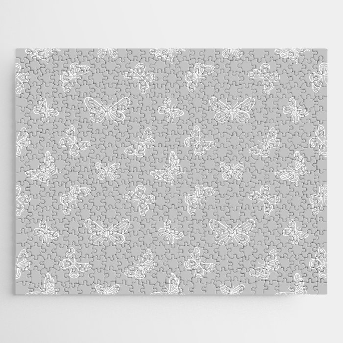 White Butterflies Stencil Seamless Pattern on Light Grey Background Jigsaw Puzzle