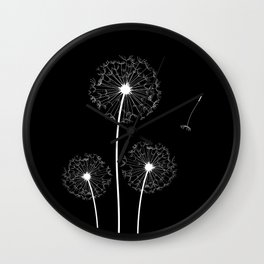 Dandelion Three White on Black Background Wall Clock | Whitedandelions, Bw, Black, Dandelion, Minimalistic, Mugs, Graphicdesign, Totebags, Minimalist, Dandelions 