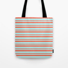 [ Thumbnail: Red & Turquoise Colored Striped/Lined Pattern Tote Bag ]