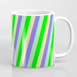 [ Thumbnail: Lime, Pale Goldenrod, Medium Slate Blue, and Green Colored Lined/Striped Pattern Coffee Mug ]