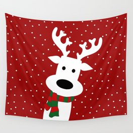 Reindeer in a snowy day (red) Wall Tapestry