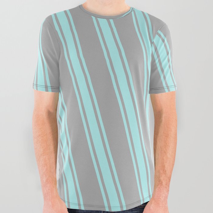 Dark Gray and Turquoise Colored Stripes/Lines Pattern All Over Graphic Tee