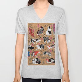 Antique Japanese Woodblock Zodiac Monmon Cats V Neck T Shirt