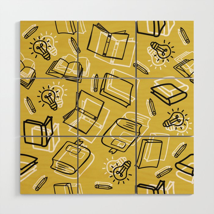 Hand Drawn Outline Books with Education Items Seamless Pattern Wood Wall Art