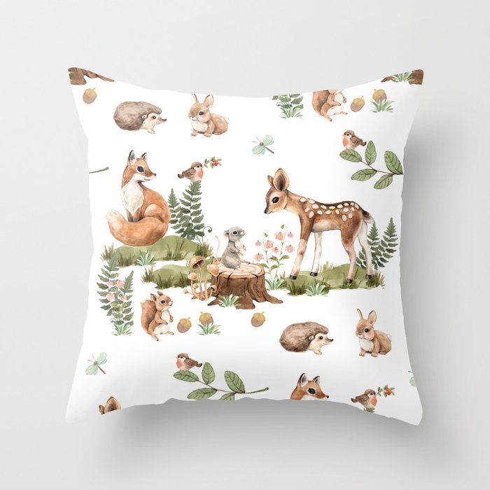 Watercolor Woodland Animals Throw Pillow
